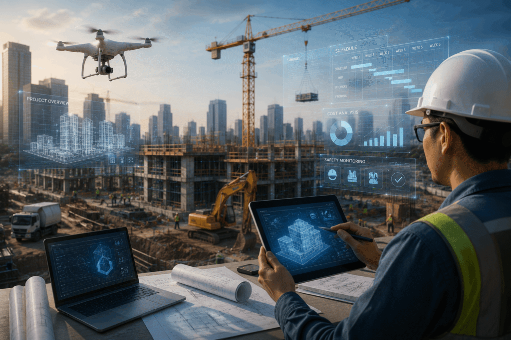 Modern tech-driven construction site scene