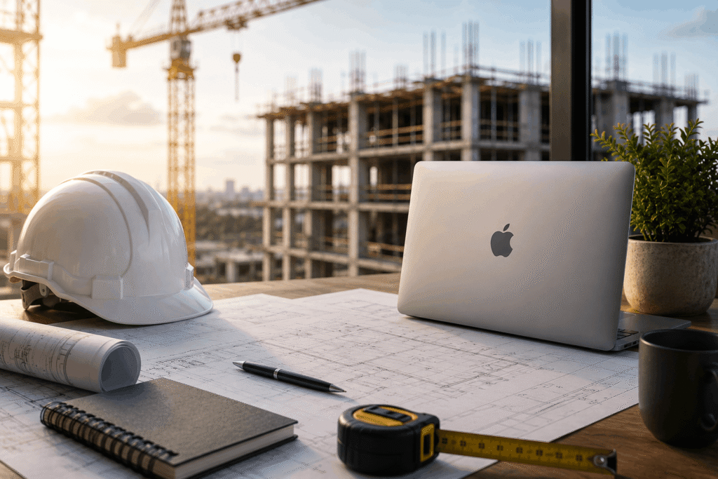 Architectural workspace with construction view (1)